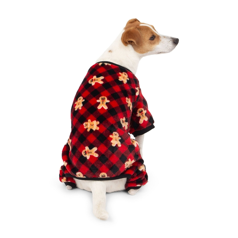 Cozy Red Plaid Dog Sweater with Gingerbread Design